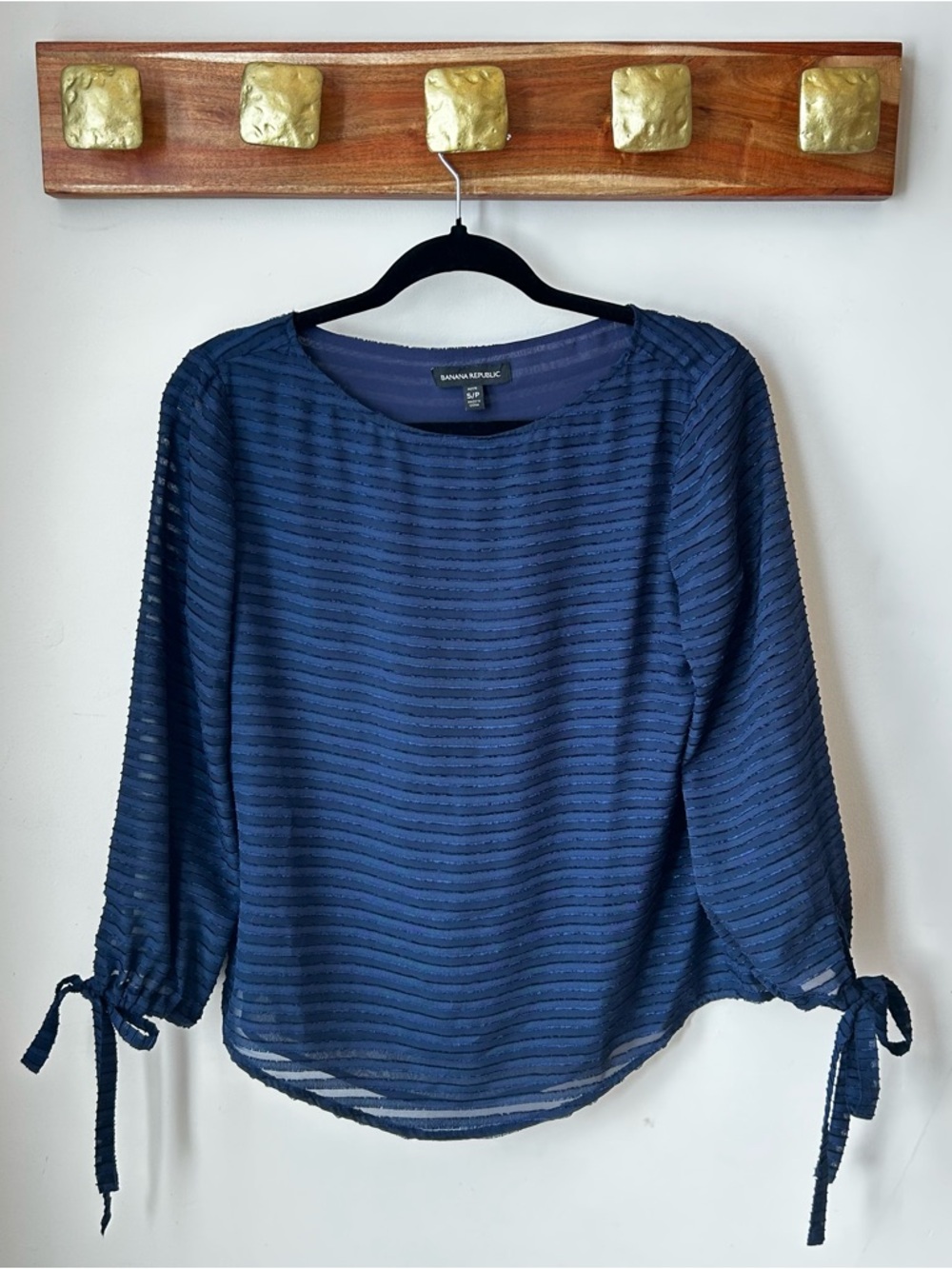 Banana Republic Navy Semi-Sheer Striped Tie-Sleeve Blouse